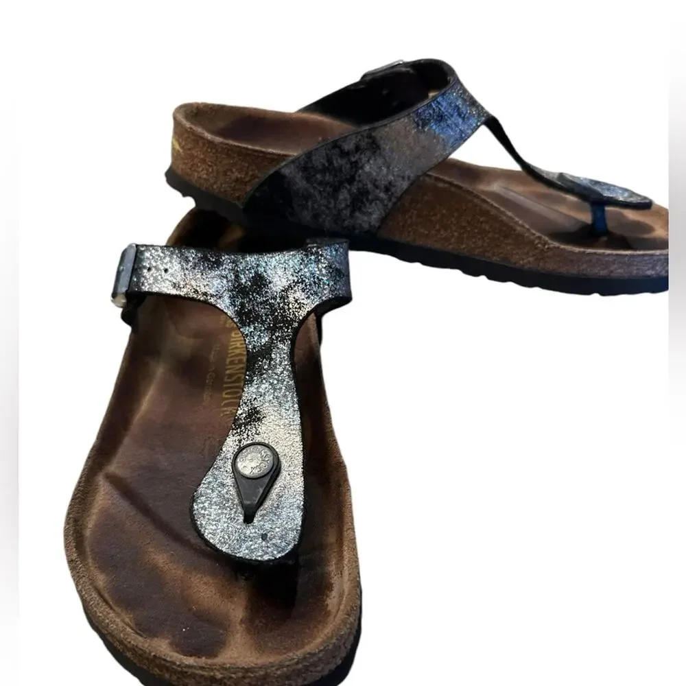 Birkenstock Women’s 38 (7) Black and Silver Thong Style Sandals